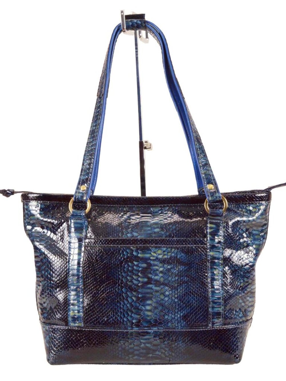 Gorgeous Made by Hand Snakeskin Dark Blue Embossed Patent Leather Tote